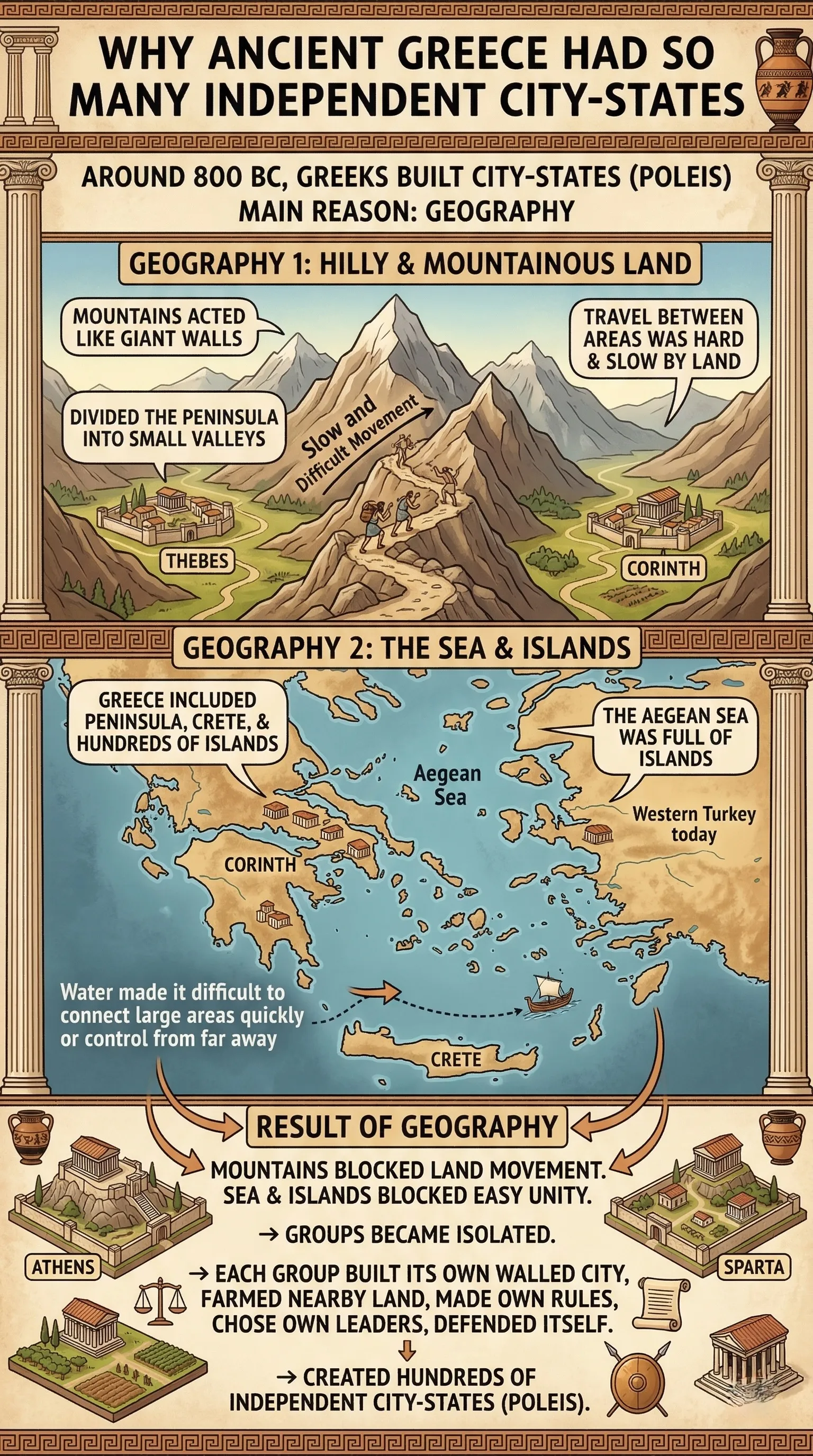 Why ancient Greece had so many independent city-states
Around 800 BC, ancient Greeks started building city-states (independent small cities called poleis). They did not form one big united country like other ancient civilizations. The main reason was the geography.
The land was very hilly and full of mountains
Mountains acted like giant walls. They divided the Greek peninsula into many small valleys and flat areas. Travel between these areas was hard and slow by land. People in one valley stayed mostly separate from people in the next valley.
The sea and thousands of islands separated everything else
Greece included:
The main Greek peninsula
Crete (a big island)
Hundreds of small islands in the Aegean Sea
The west coast of Asia Minor (today’s western Turkey)
The Aegean Sea was full of islands, so many communities lived on separate islands or along different coasts. Water made it difficult to connect large areas quickly or control them from far away.
Result of all this geography
Mountains blocked land movement. Sea and islands blocked easy unity by water.
→ Groups of people became isolated.
→ Each group built its own walled city, farmed the nearby land, made its own rules, chose its own leaders, and defended itself.
→ This created hundreds of independent city-states (examples: Athens, Sparta, Corinth, Thebes, many more on islands and coasts).