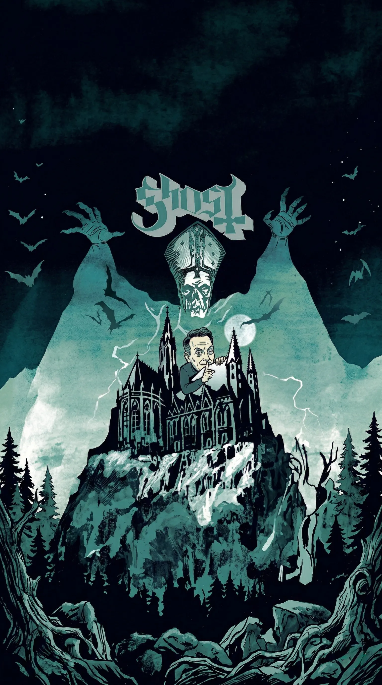 insert the male person in the first picture into the second picture. make him sneakily peek over the roof of the church in a sneaky, comedic way