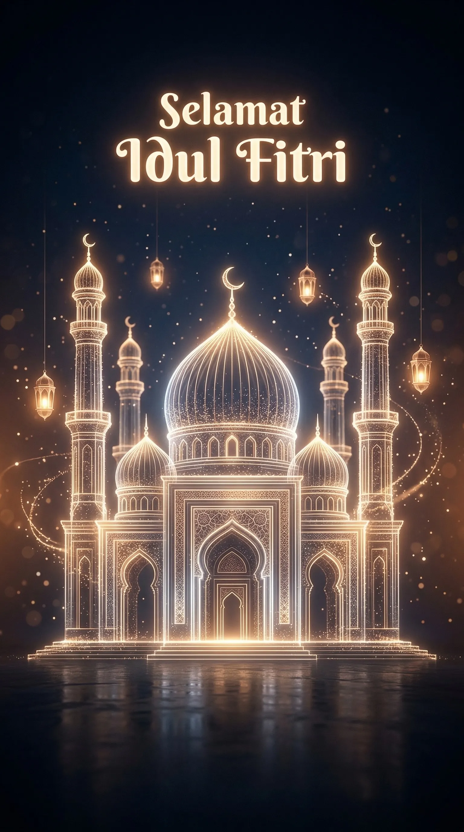 A high-fidelity vertical (9:16) cinematic render of a modern Eid greeting card featuring a mosque formed entirely from glowing light lines and luminous particles. The structure appears as a refined light sculpture, with golden and soft white beams shaping domes and minarets in a clean, elegant way. The base is minimal and dark, allowing the glowing structure to stand out with strong contrast. Subtle floating lanterns made of light hover gently around the mosque, along with delicate light particles and soft bokeh. The composition is symmetrical, clean, and highly refined. “Selamat Idul Fitri” appears as elegant glowing typography, perfectly sharp and centered. Lighting is cinematic, with soft volumetric light, glow effects, and smooth gradients. Ultra clean, modern luxury aesthetic, no human characters, 8K, masterpiece.