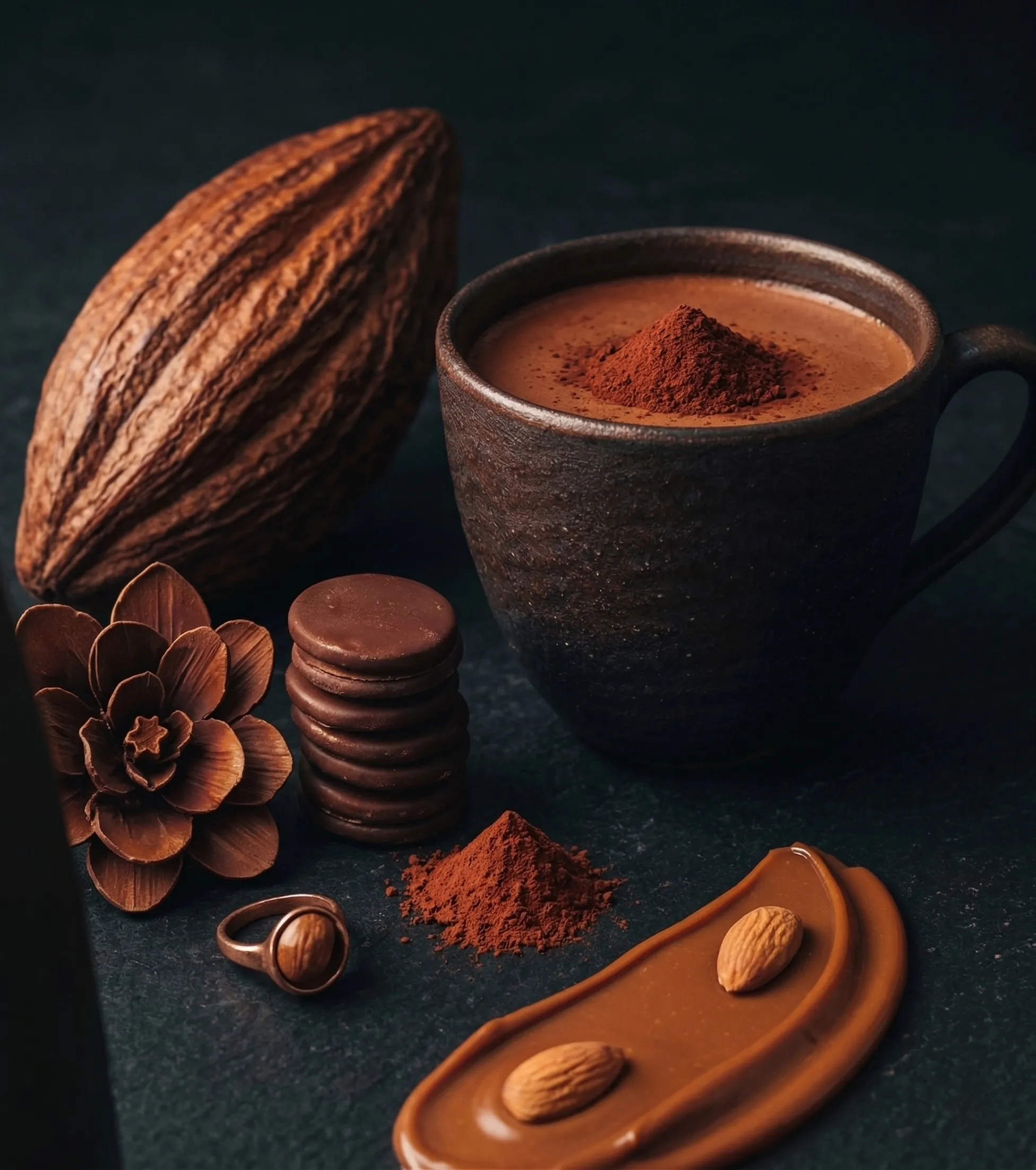 Use the uploaded image as reference. Photographic recreation of the reference image. Elegant still life composition featuring cocoa powder, almonds, chocolate elements and warm brown textures arranged in a dark aesthetic scene. Soft cinematic lighting with deep shadows and warm highlights. Color palette inspired by chocolate brown, cocoa and caramel tones. Luxury editorial food photography, ultra realistic textures, dramatic lighting, sharp focus, 8k resolution. Negative prompt: blurry image, flat lighting, watermark, text