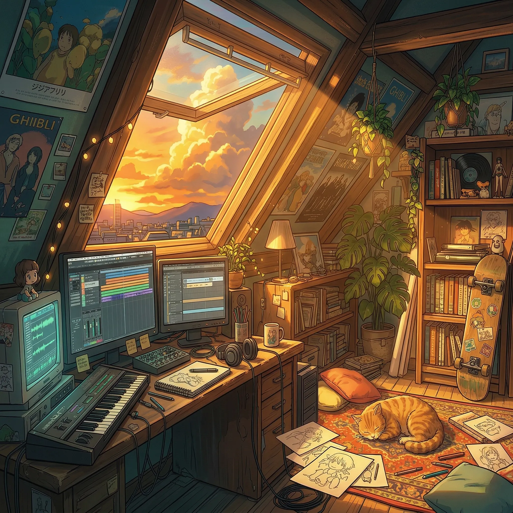 Masterpiece, ultra-detailed anime background art in the style of Makoto Shinkai and Studio Ghibli. A highly dense, cozy creator's attic studio during golden hour. The room is filled with maximalist nostalgic clutter: multiple glowing retro monitors displaying music production software and animation timelines, a vintage MIDI synthesizer, a worn-out skateboard leaning against a wooden bookshelf, scattered sketch papers, and a fluffy orange cat sleeping on a bohemian rug. Lush indoor hanging plants (monstera, pothos) catching the sunlight. A large dormer window reveals a breathtaking vibrant sunset sky with glowing cumulonimbus clouds. Intense cinematic volumetric lighting, golden sunbeams pouring through the window, glowing dust motes floating in the warm air. Warm color palette with amber, gold, and deep teal contrasts. Lofi chillhop aesthetic, nostalgic and healing atmosphere, 8k resolution, perfectly composed, incredibly intricate details.