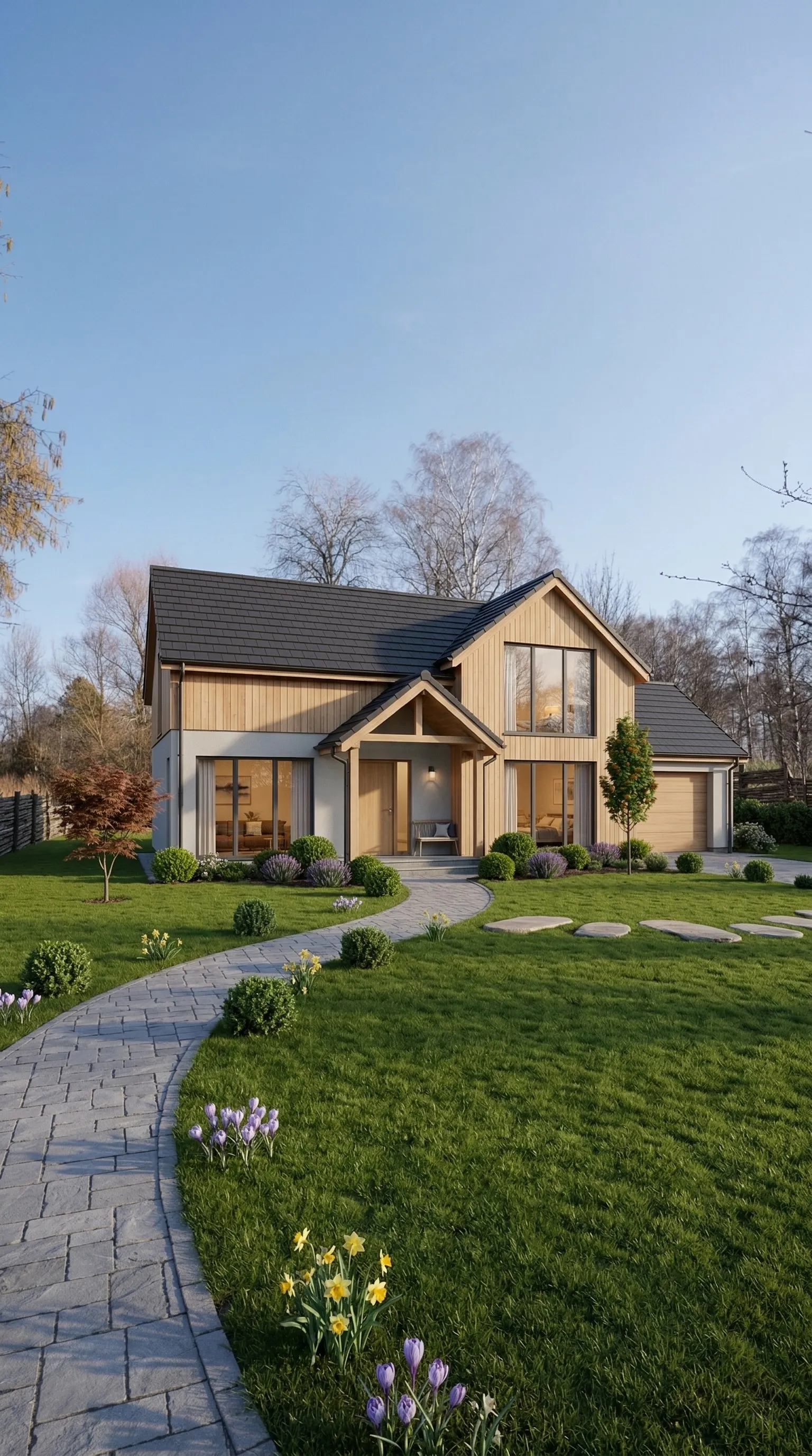 Create a realistic picture of a beautiful family house. The house should look warm, welcoming, and modern, with a cozy front entrance, large windows, a pitched roof, and an attached garage. Add tasteful landscaping around the house, including a neat green lawn, small trees, bushes, and a few flowers. The setting should feel natural and inviting, like a perfect family home. Use realistic lighting, detailed textures, and a polished scandinavian style. Don't change the framing of the image, and don't make the house too big.