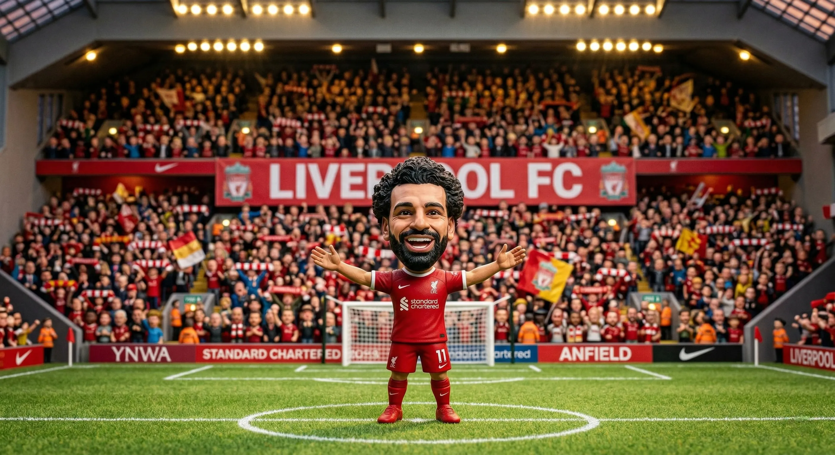 Subject: A single, highly detailed, large-headed (bobblehead style) miniature figure of Mohamed Salah, standing at the center of the pitch, on perfectly marked miniature grass, centered in front of the goal.Pose & Attire: He is in a full, wide-armed, joyful celebration pose, looking forward with a smiling, expressive, open-mouthed face. He wears his complete Liverpool FC red kit, including all correct sponsor logos and number 11.Environment: Behind him is a towering, hyper-detailed replica of a packed stadium (Anfield), rendered as an incredibly detailed miniature diorama.Background Details: The multi-tiered grandstands are absolutely packed with thousands of unique, individually crafted, tiny bobblehead-style spectator figures, all cheering and holding tiny red scarves. A massive central banner across the stands reads "LIVERPOOL FC" in white text on a red background. Lower hoardings feature legible text like "YNWA". The stadium lights are warm and focused.Photography Style: High-definition, micro-photography style, rendering an impossibly detailed, custom-built miniature world. Shallow depth of field (shallow DoF), with the Salah figure in sharp focus and the surrounding grandstands and crowd blurring into a haze of color and form. The scale difference is prominent. No external watermarks are present.Lighting: Warm, dramatic floodlights.