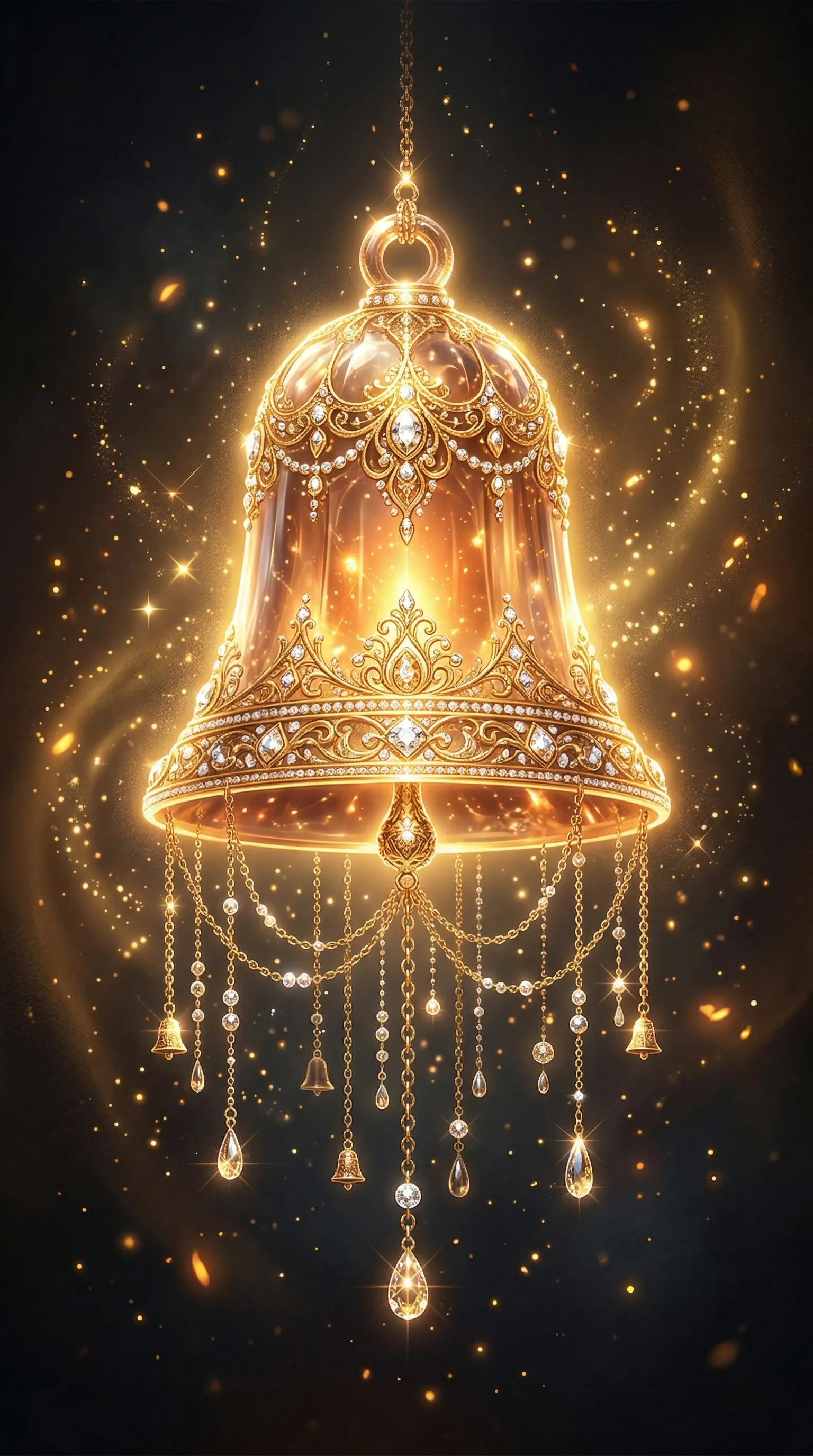 fantasy art, single magnificent golden bell hovering in darkness, translucent crystal glass body with inner glowing warm golden light, adorned with sparkling gold jewels and diamonds, delicate golden chains and crystal drops hanging below, surrounded by floating golden light particles and magical sparkles, ethereal mystical golden aura radiating from the bell, enchanted magical atmosphere, no flowers, no ribbons, no blue color, only gold and warm amber tones, dark gradient background, highly detailed, centered composition