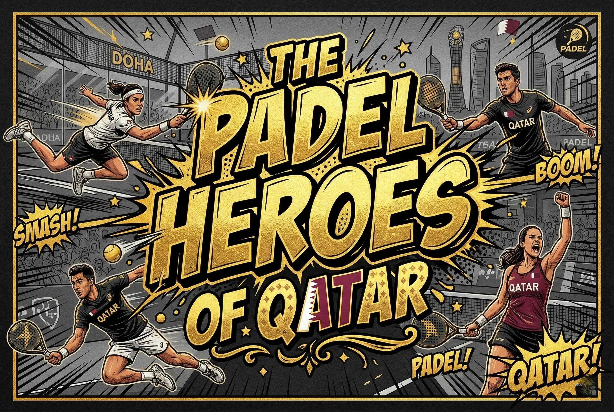 The wording "The Padel Heroes of Qatar" printed in Gold on black paper in a comic typography full frame.