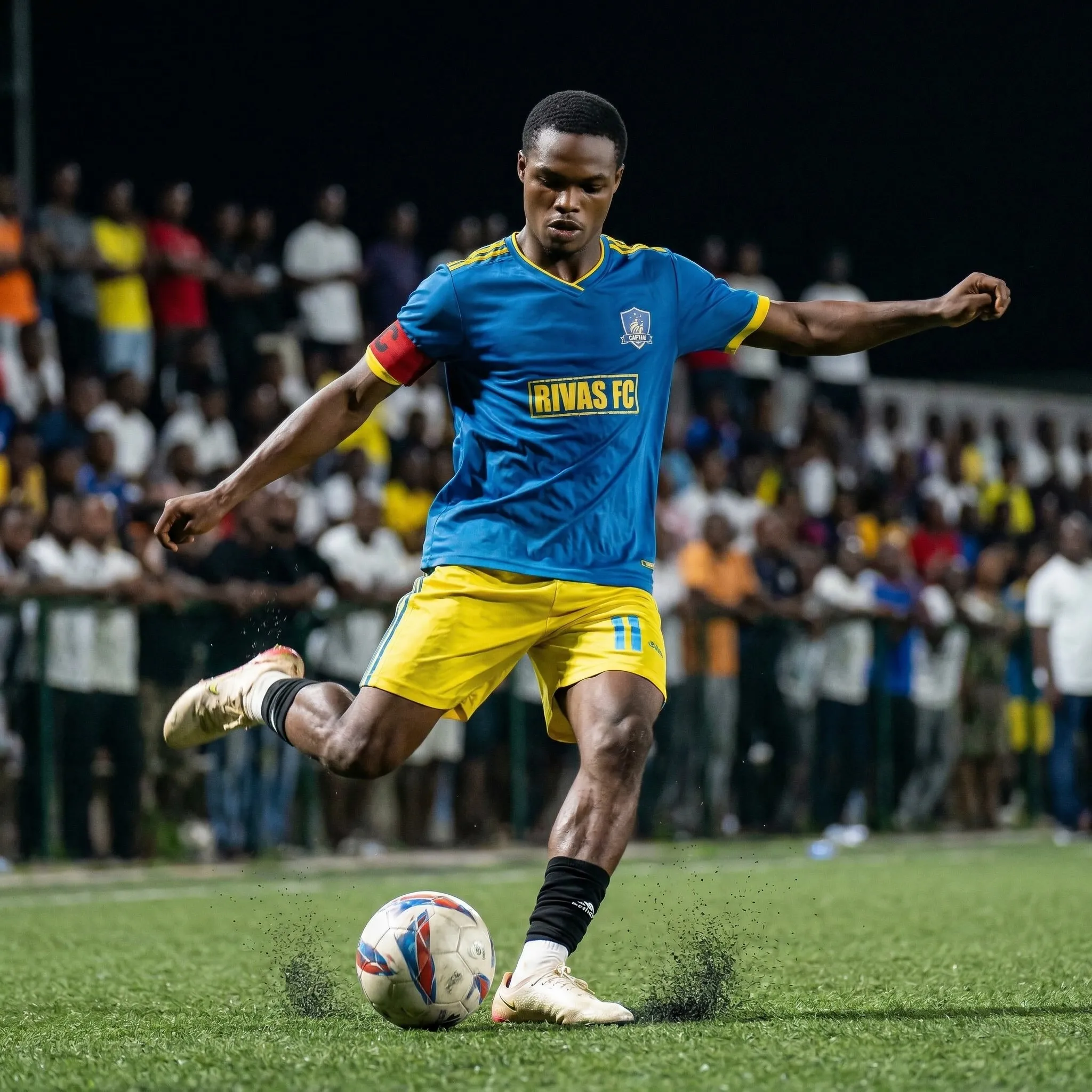 Professional football player striking a ball during a night match, bright stadium lights, motion blur on crowd, sharp focus on player, cinematic sports photography, ultra realistic details, dynamic lighting, 4k resolution.”
keep the same face and name on front jersey should be RIVAS FC
radio 1:1