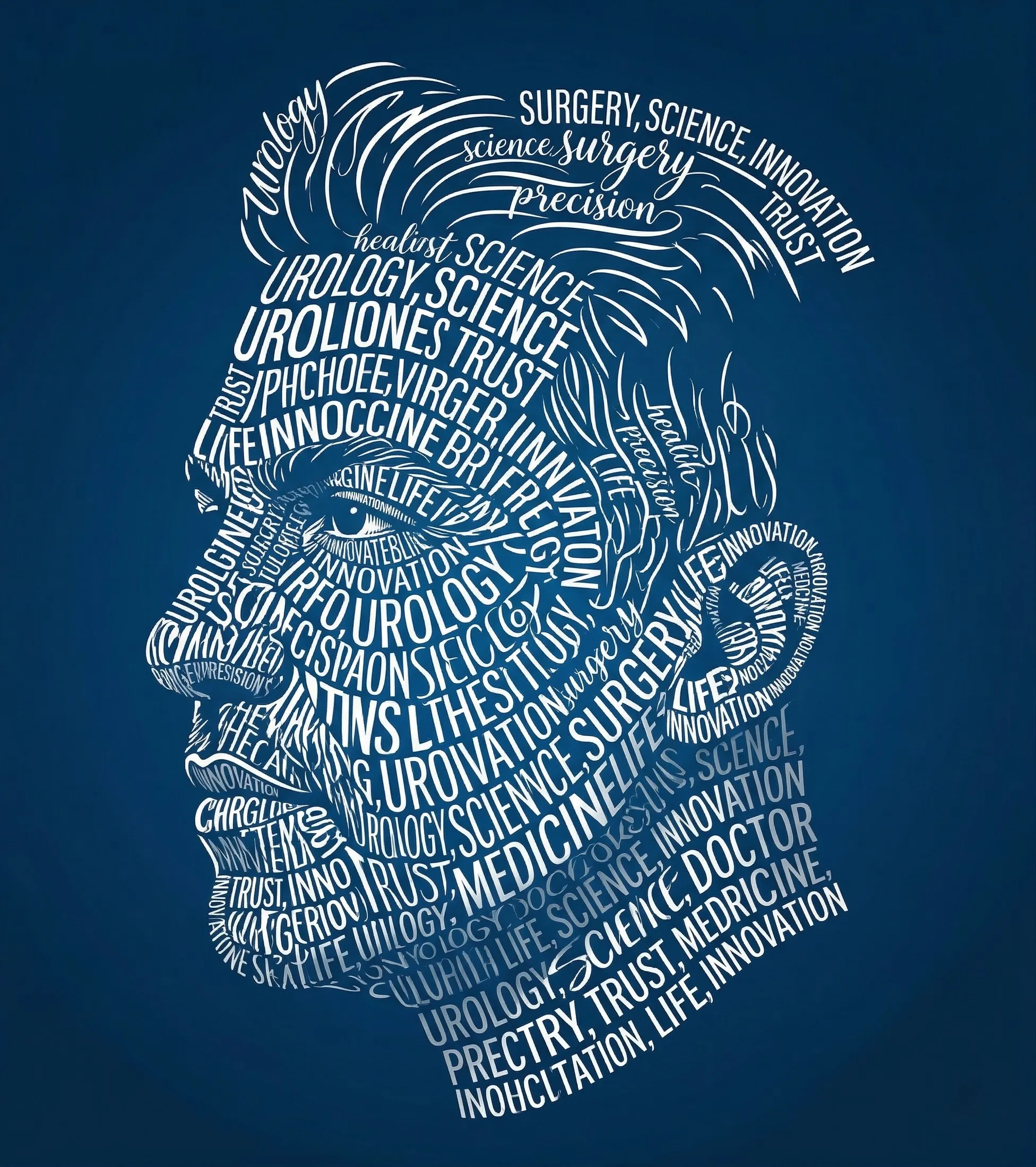Typographic calligraphy portrait of a male urology doctor using the uploaded reference image as the identity lock. Show a left profile silhouette of the doctor facing left. The entire portrait including face contours, hair, and facial structure is formed entirely from repeating clean white calligraphy words that follow the natural contours of the face and hair to create a recognizable silhouette. Words include: "UROLOGY, SCIENCE, SURGERY, HEALING, TRUST, PRECISION, DOCTOR, MEDICINE, LIFE, INNOVATION". Background: deep medical blue with high contrast. Style: clean vector art, ultra sharp edges, minimalist scientific poster aesthetic. Maintain exact facial identity and proportions from the reference. 8K quality. No additional colors, textures, gradients, watermarks or extra text.