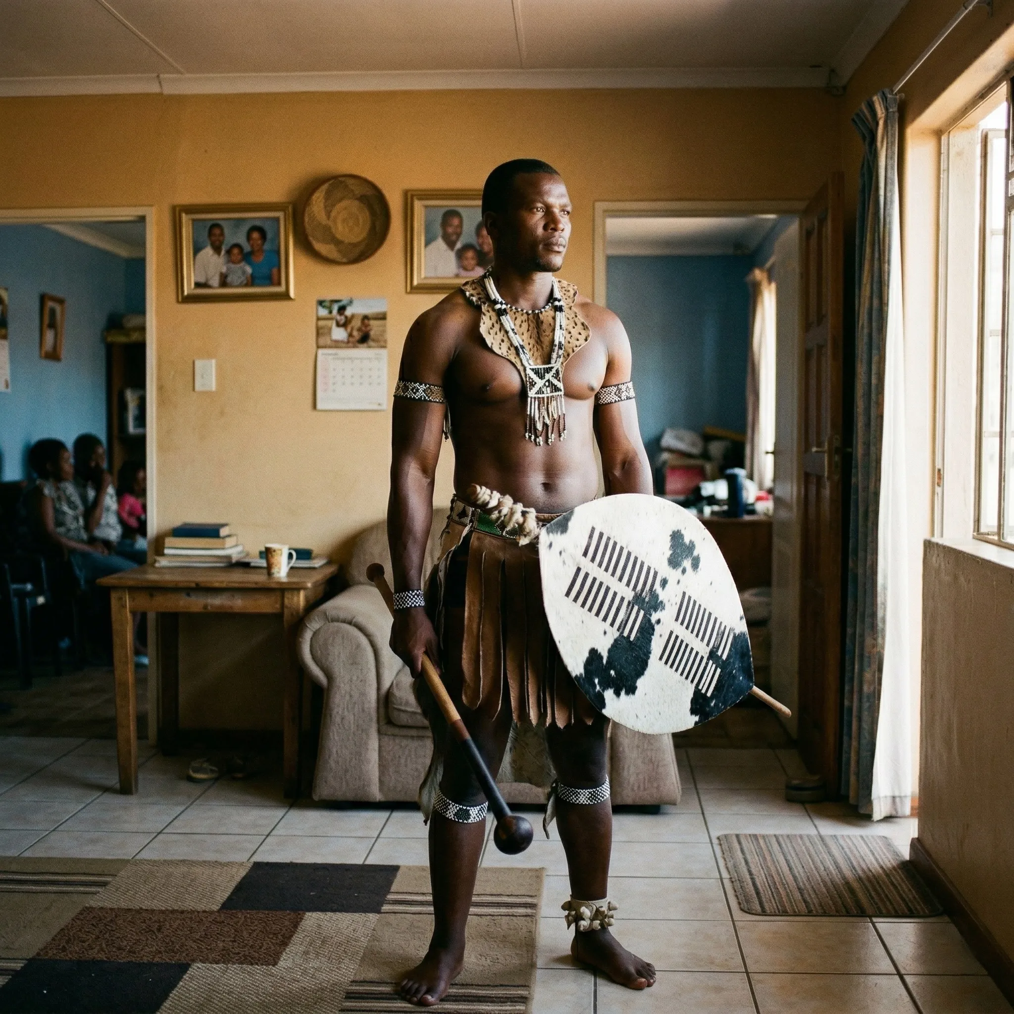 a tall well fit african zulu warrior is in a room